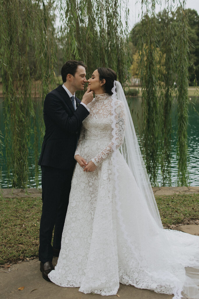 bride and groom at Freedom Park, Charlotte NC. Reem Acra Wedding dress designer